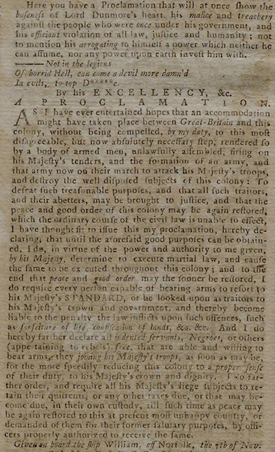 Reprinting of Dunmore’s Proclamation of November 7, 1775, in the Pennsylvania Journal and Weekly Advertiser, December 6, 1775. (The Gilder Lehrman Institute, GLC01706)